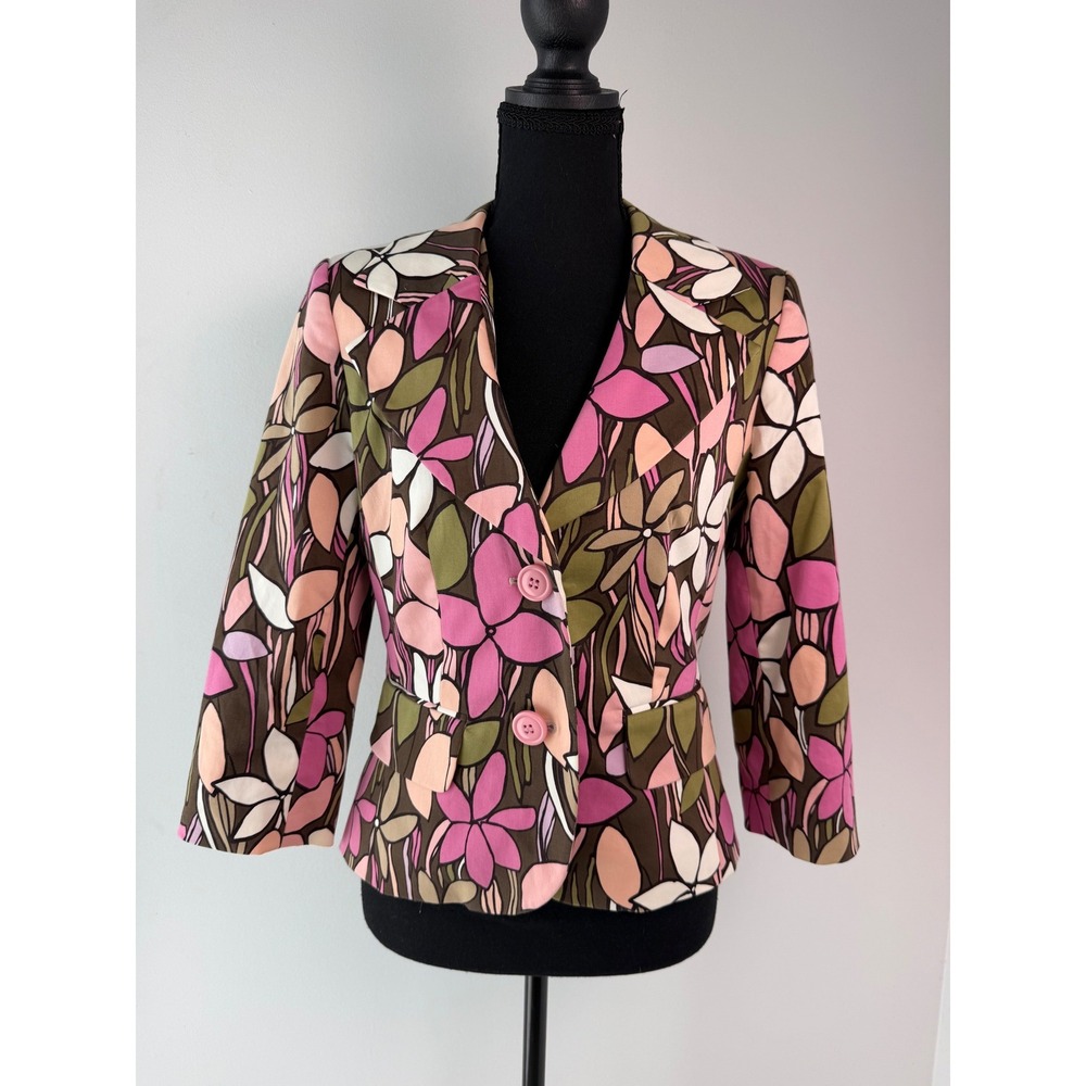 Y2K 60s 70s Revival Vintage Retro Mod Floral Pink 3/4 Sleeve Blazer 4